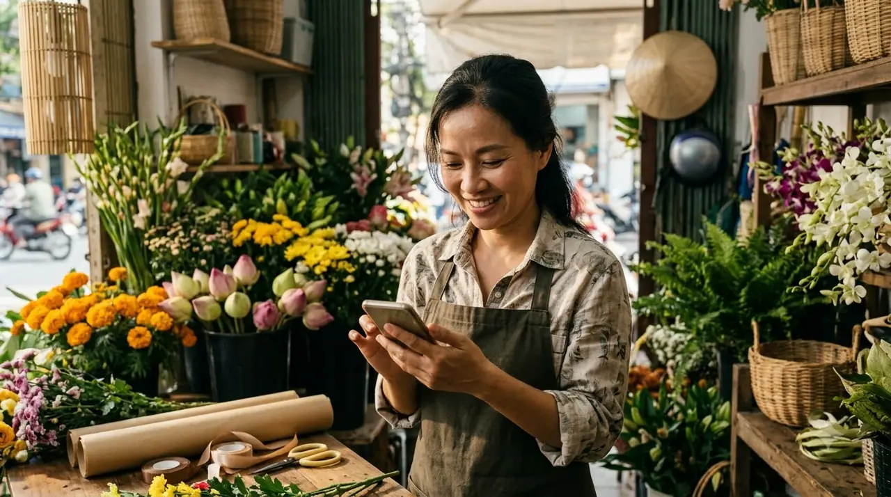 Shop owner receiving a new lead on her phone